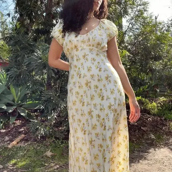 Doen Florencia Silk Short Puff Sleeve Midi Dress Yellow Gold Frolicking Floral